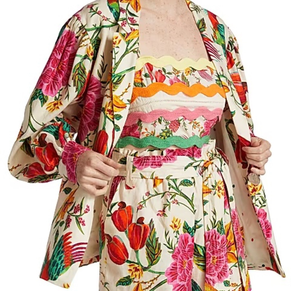 FARM Rio Toucan’s Garden Linen Blazer with Puff Sleeves Size M Boho ~ Tropical!